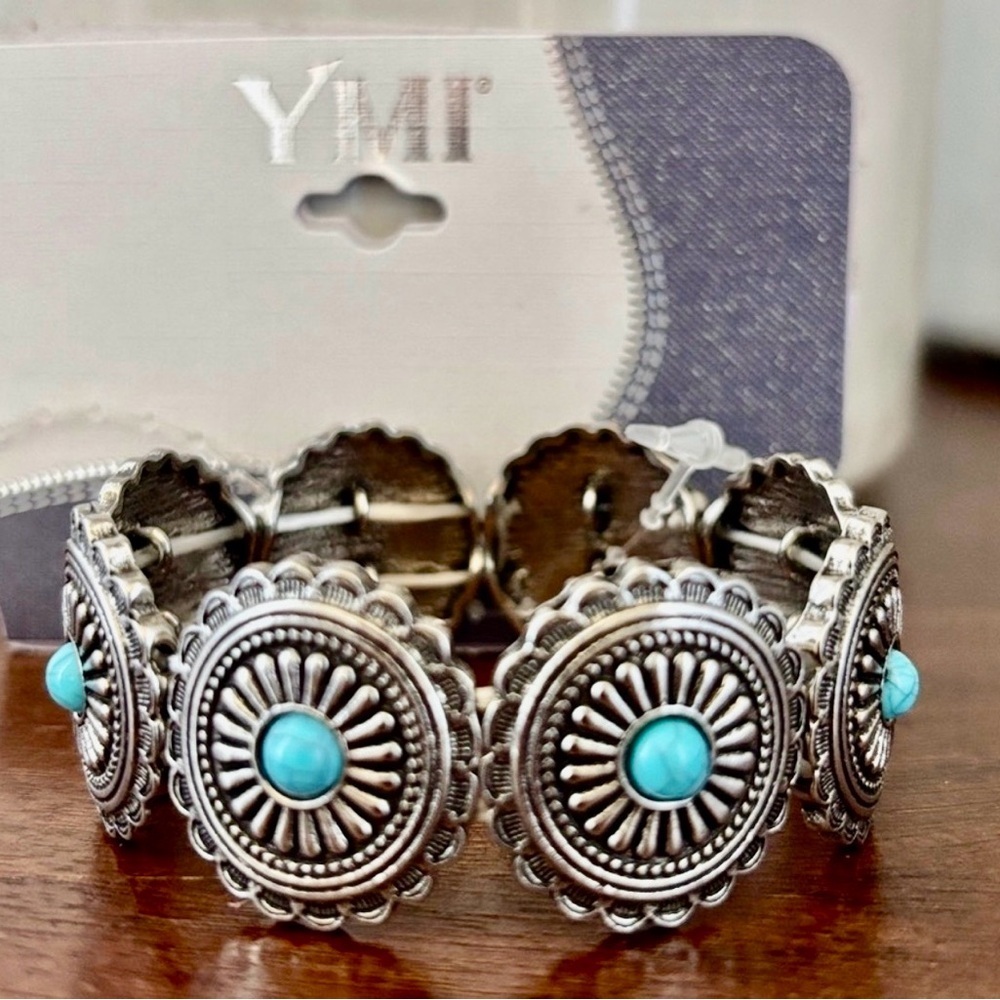 YMI Silvertone Conchos,faux turquoise stones, stretch bracelet,Southwestern